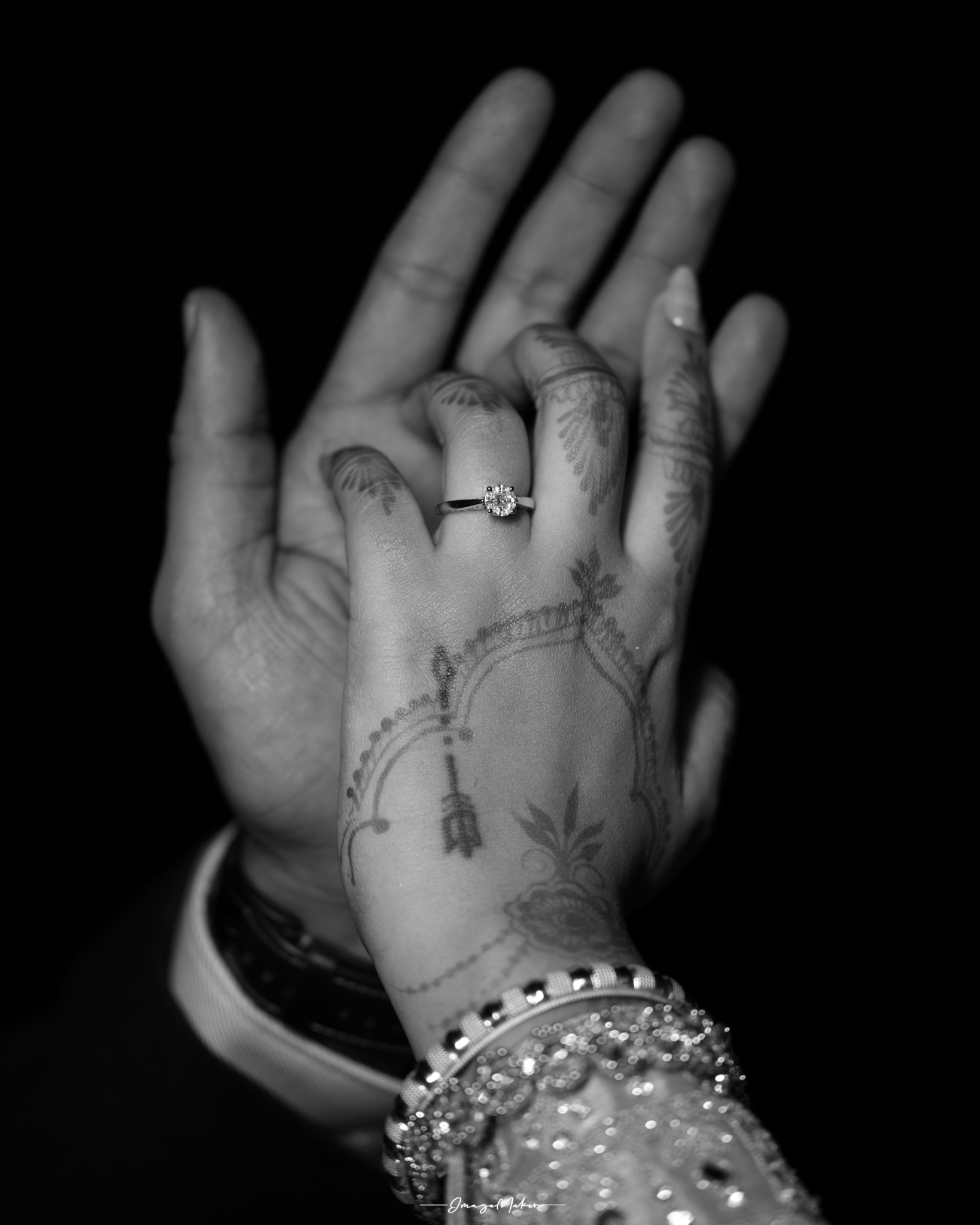 Engagement Ring Hands in Black and White