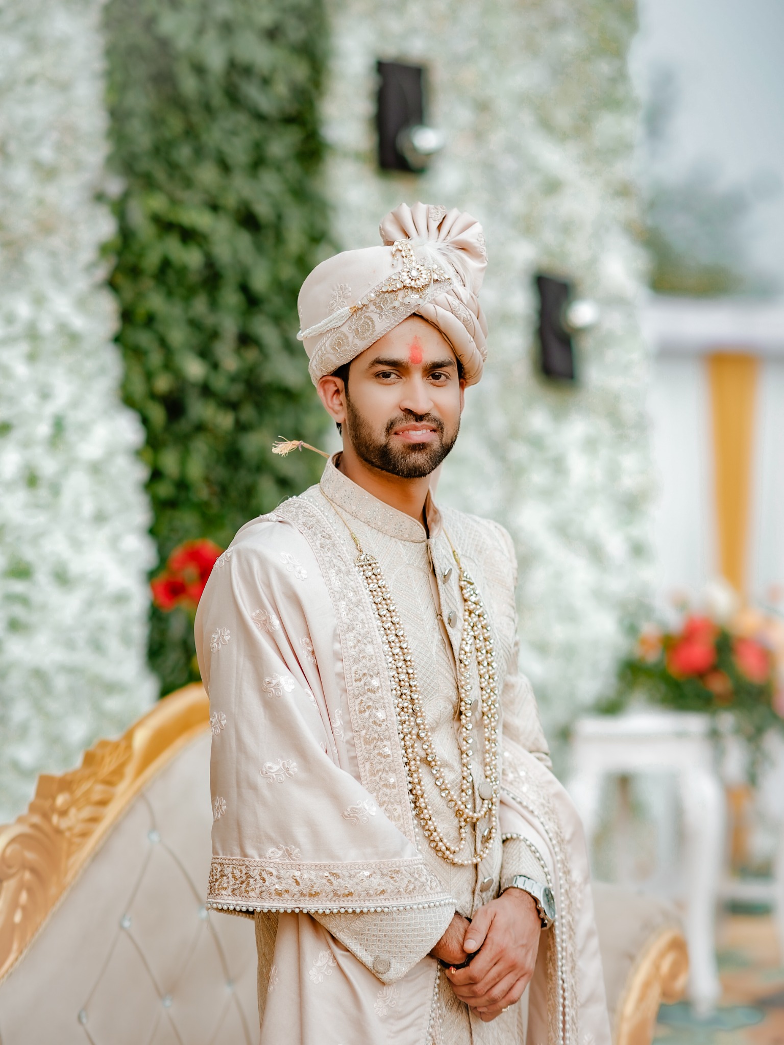 Groom Portrait in Ivory Sherwani