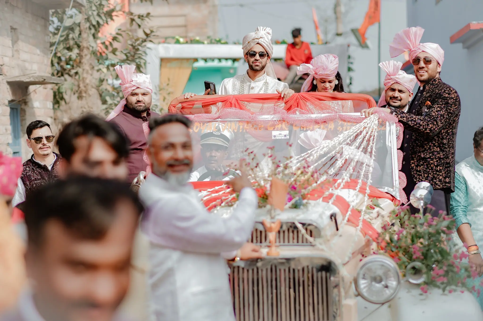 Groom Vintage Car Wedding Arrival