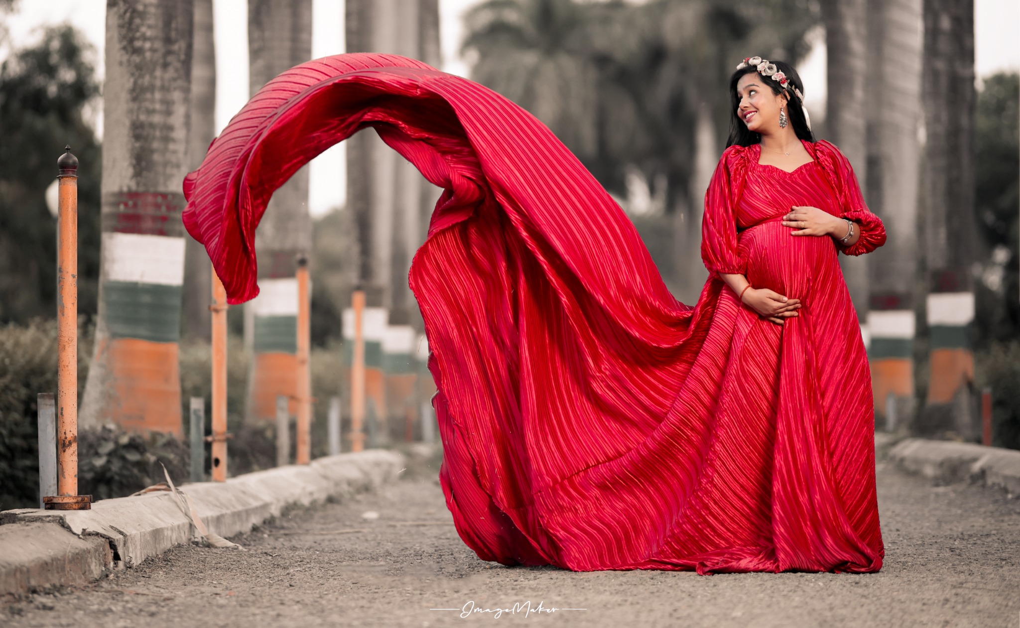 Maternity Red Flowing Gown Portrait