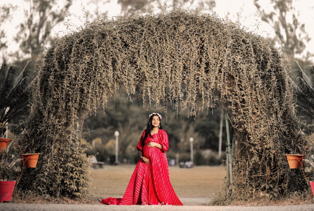 Maternity Red Gown Garden Portrait