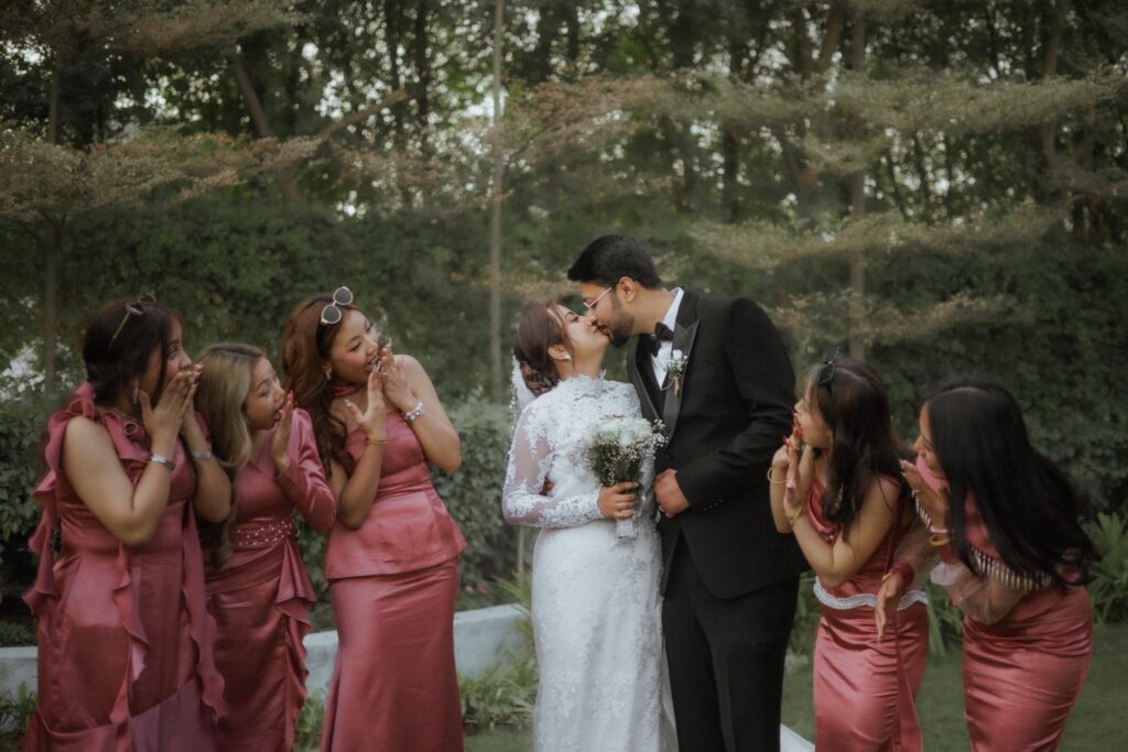 Wedding Couple with Bridesmaids