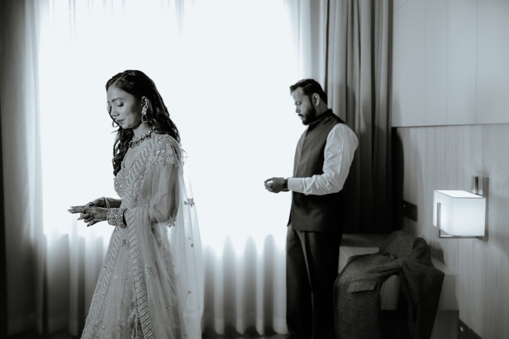 Couple Getting Ready in Black and White